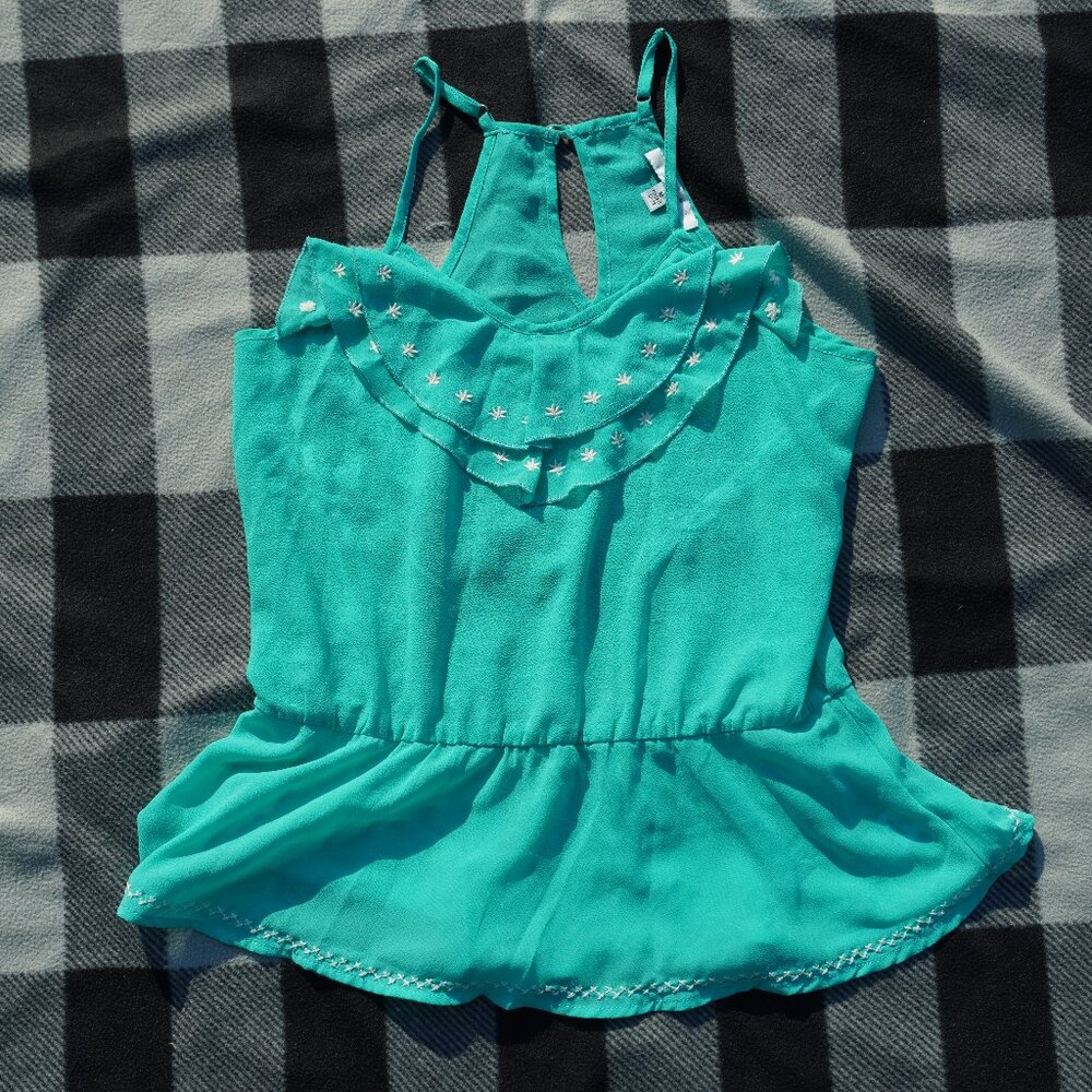 Green Flower Embroidery Ruffle Peplum Racerback Papaya Top